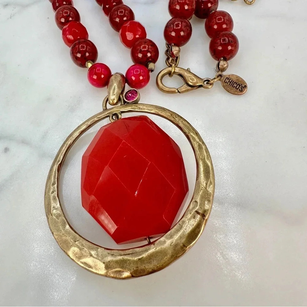 Chico’s Statement Pendant Necklace Signed Red Pink and Burgundy Gold-ton… - Picture 8 of 11